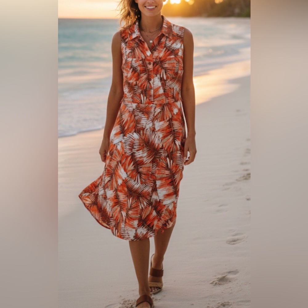 Shelby & Palmer Tropical Orange Palm Leaves Sleeveless Vacation Summer Dress 8